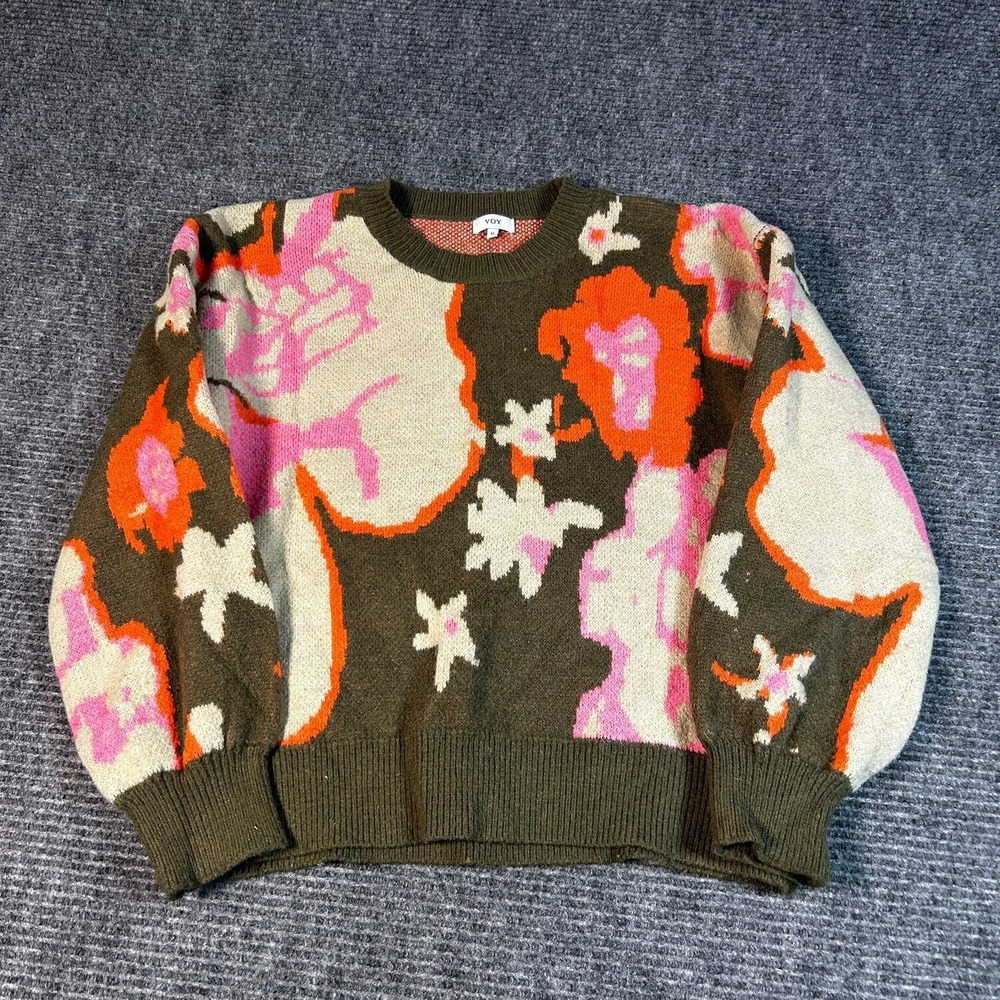 VOY Floral Knit Crewneck Sweater Women Size M Green Pink Excellent Abstract